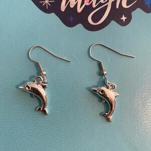 Silver dolphin earrings ocean jewelry beach fun kids dangle kidcore